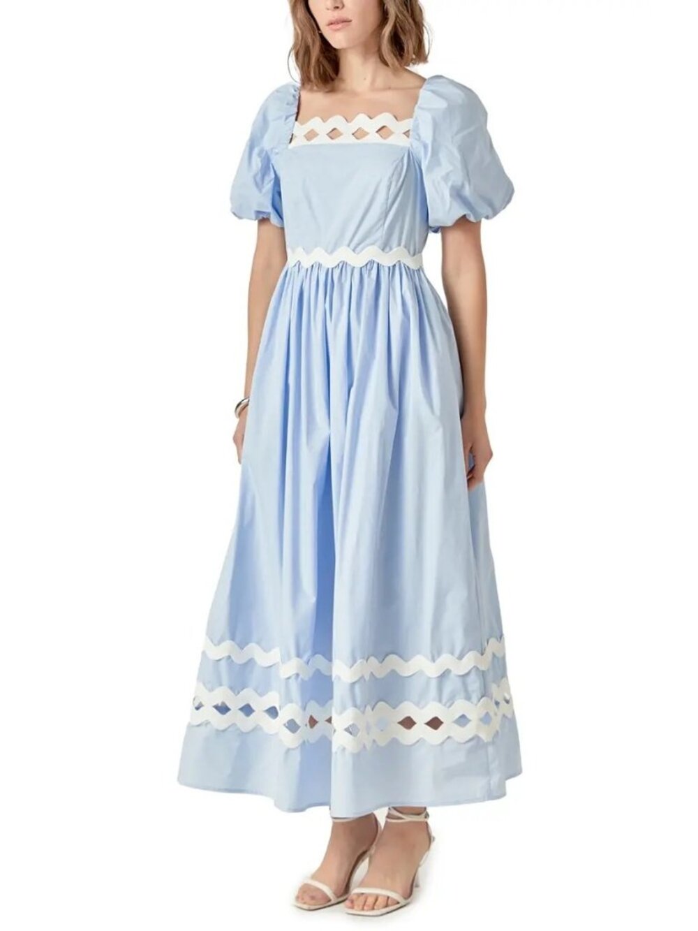 English Factory Blue & White Puff Sleeve Midi Dress With Scalloped Trim Square N